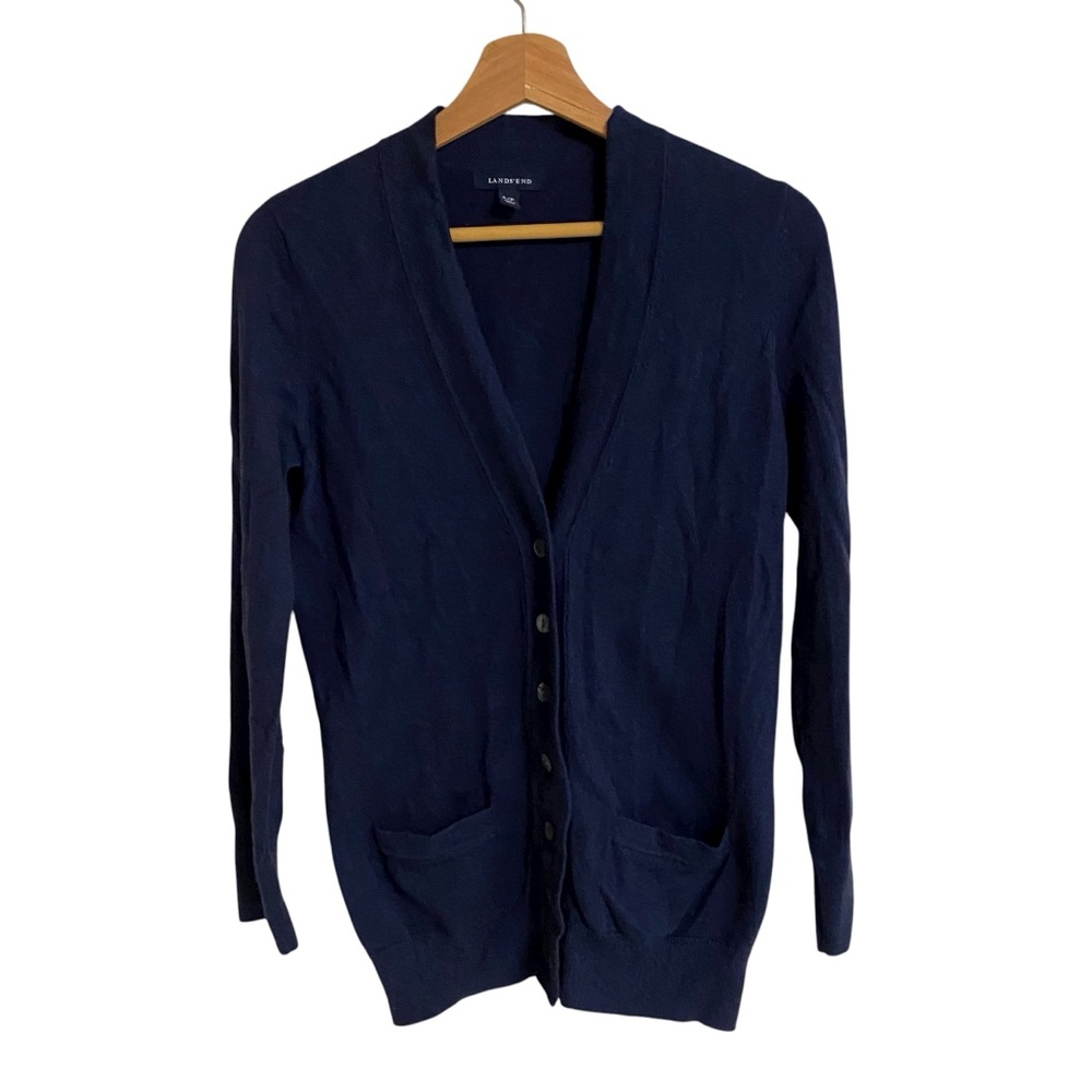 Lands’End navy blue cashmere blend button up long sleeve cardigan sweater size S - Picture 2 of 14
